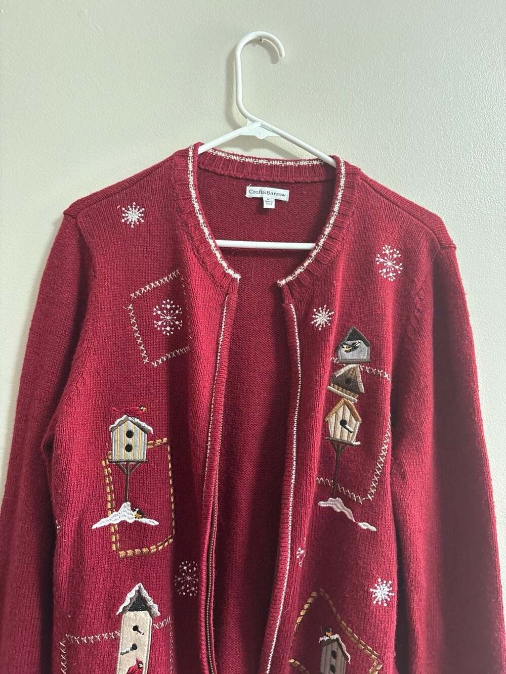 Croft & Barrow Red Knit Full Zip Cardigan Sweater with Embroidered Birdhouses an - Picture 2 of 4
